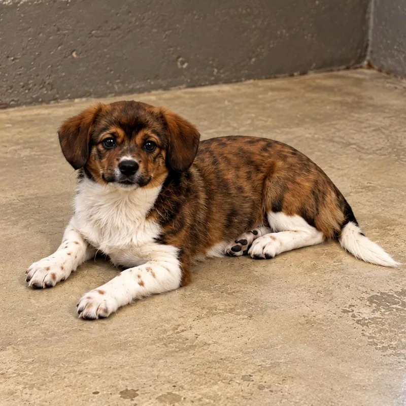 A young small-sized female Brindle Cardigan Welsh Corgi dog named Mable for adoption in Fredericksburg, TX