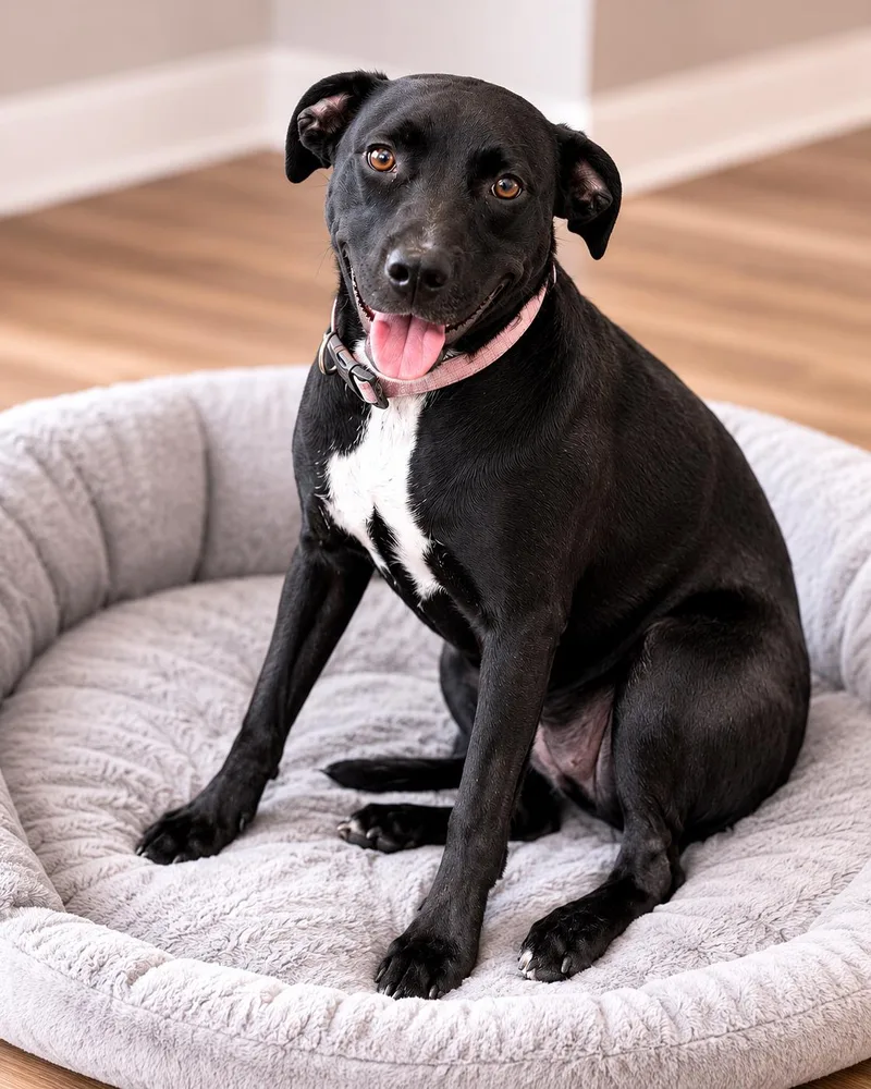 A baby medium-sized female Black Labrador Retriever dog named Aurora for adoption in Houston, TX