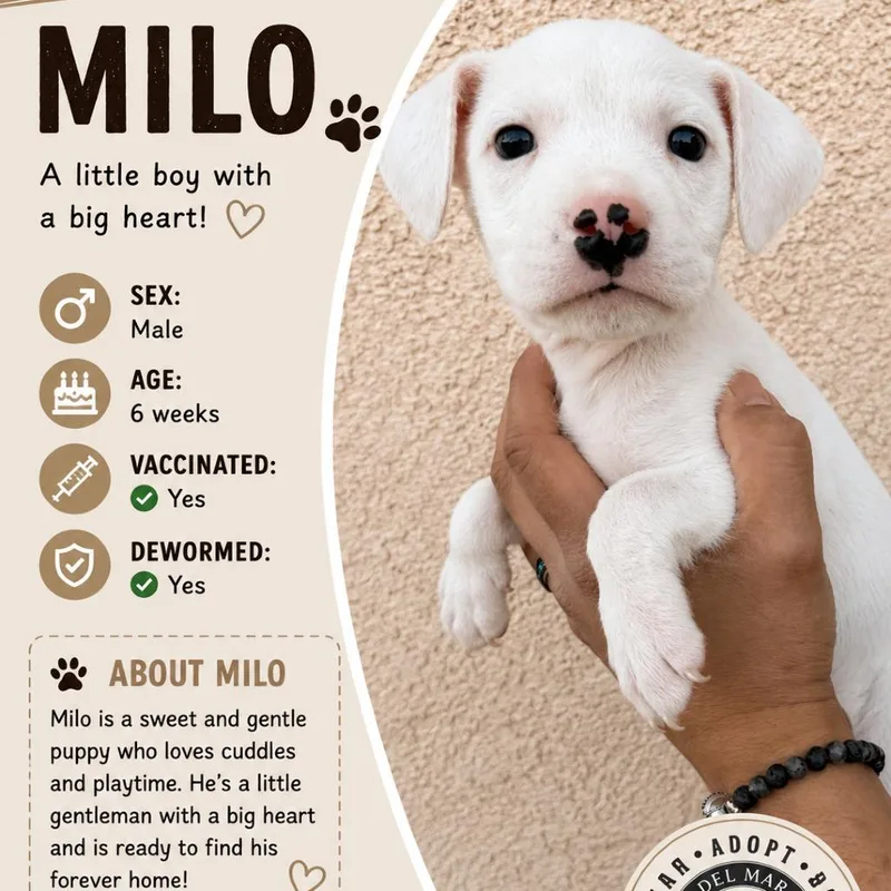 A baby small-sized male White / Cream Mixed Breed dog named Milo for adoption in San Diego, CA