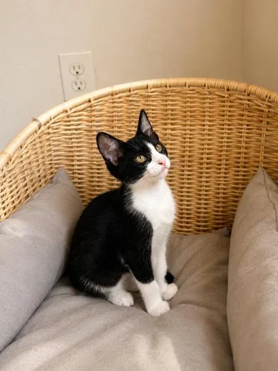 A baby small-sized female Black & White / Tuxedo Tuxedo cat named Cleo for adoption in Liverpool, TX