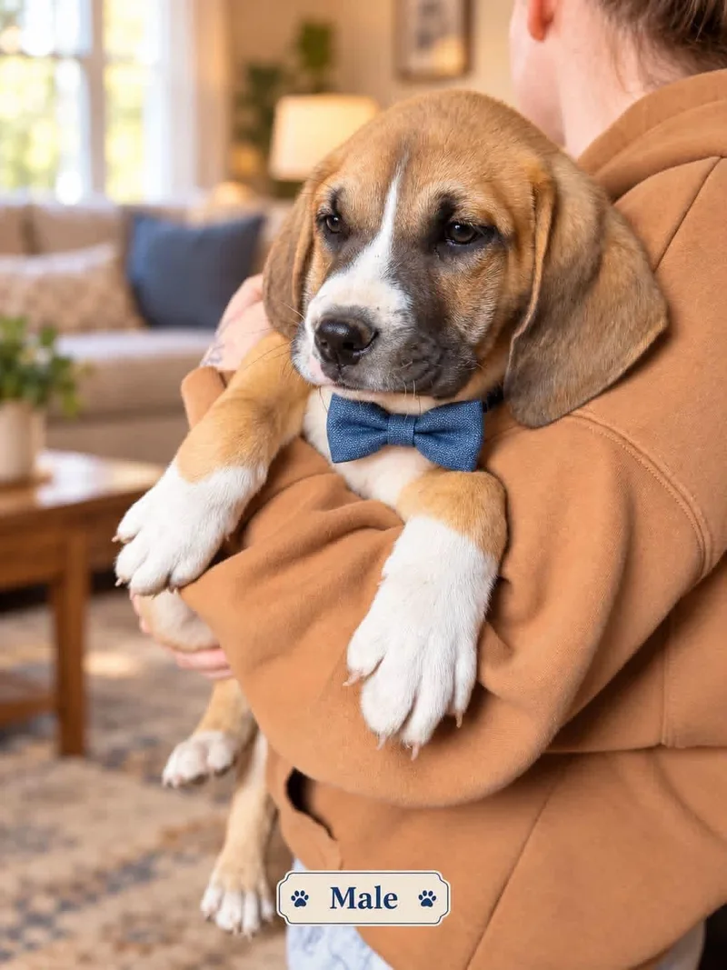A baby medium-sized male Tricolor (Brown, Black, & White) Mixed Breed dog named Bow tie for adoption in Hico, WV