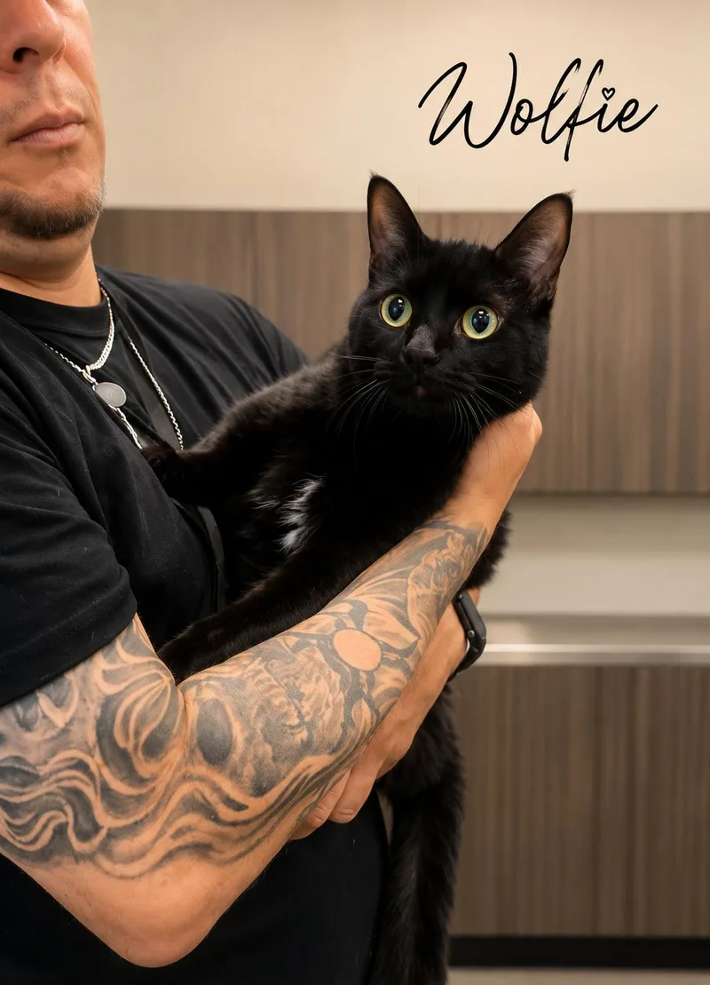 An adult medium-sized female Black Domestic Short Hair cat named Wolfie for adoption in Joliet, IL