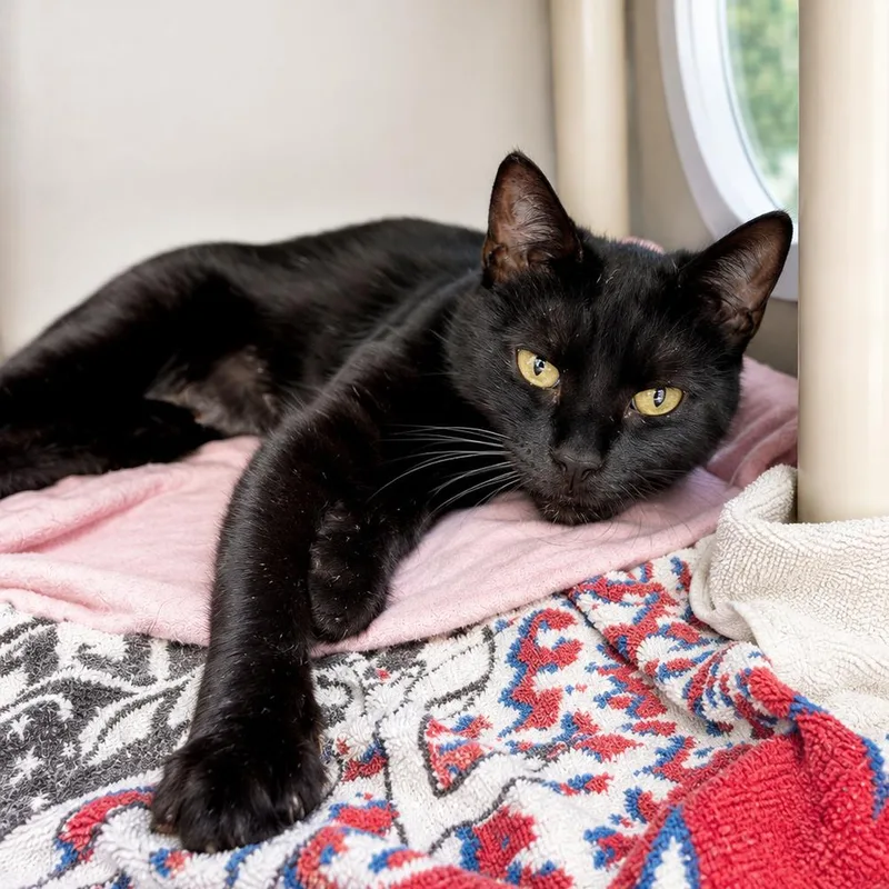 An adult small-sized female Black Domestic Short Hair cat named Frankie Floatie for adoption in Hopkinton, MA
