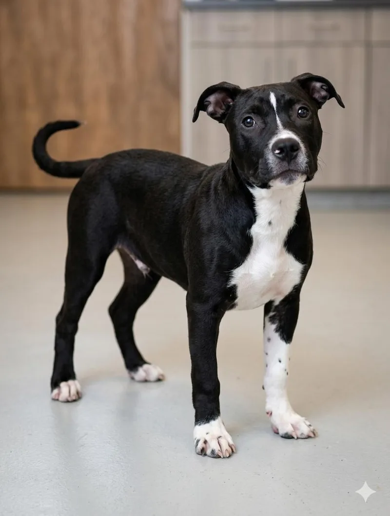 A young medium-sized male Black Pit Bull Terrier dog named Spark Plug for adoption in Wooster, OH