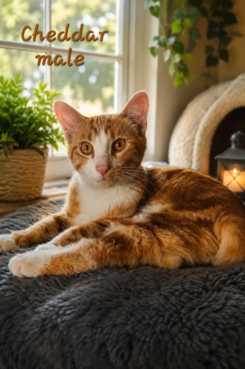 A baby small-sized male Orange & White Domestic Short Hair cat named Cheddar for adoption in Hobart  , IN