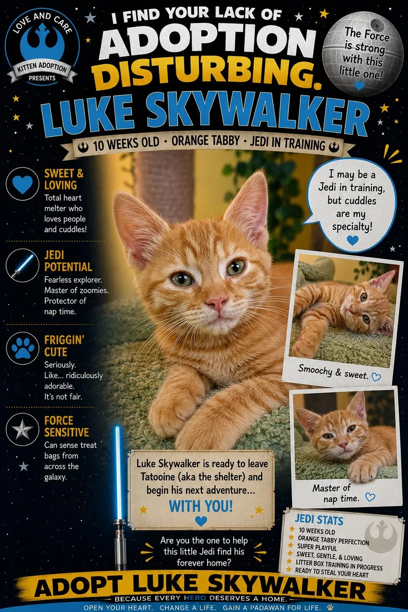 A baby medium-sized male Orange & White Domestic Short Hair cat named Luke Skywalker for adoption in Beaverton, OR