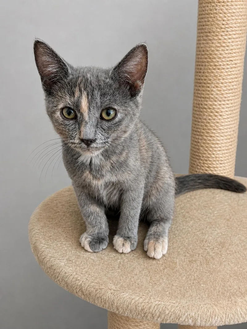 A baby medium-sized female Dilute Tortoiseshell cat named Tanzanite for adoption in Jamaica Plain, MA