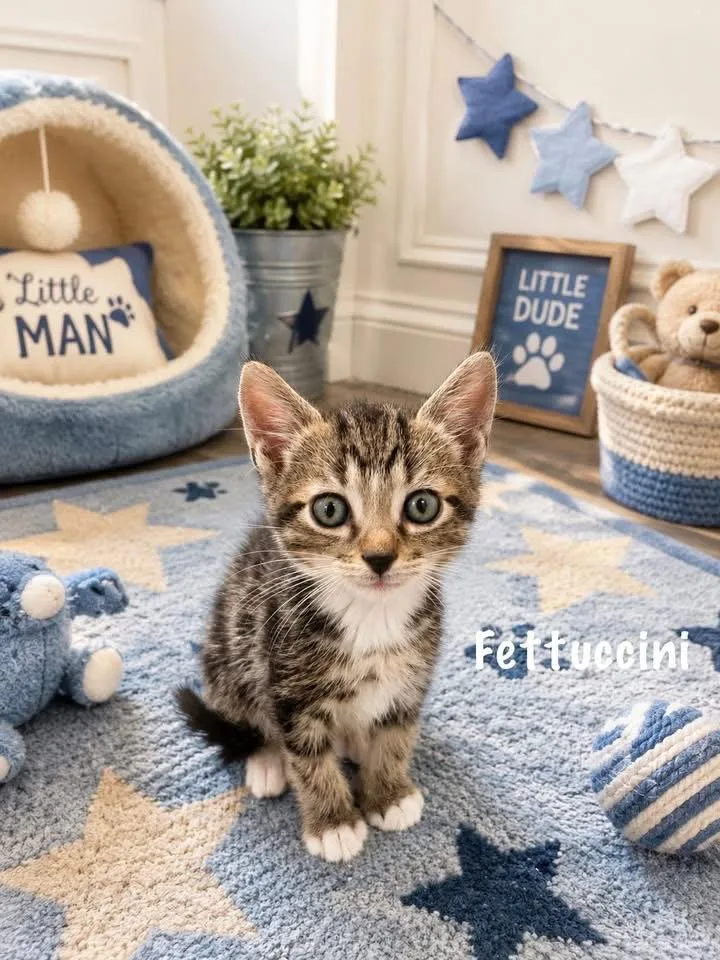 A baby small-sized male Tabby cat named Fettuccini for adoption in Dickinson, TX