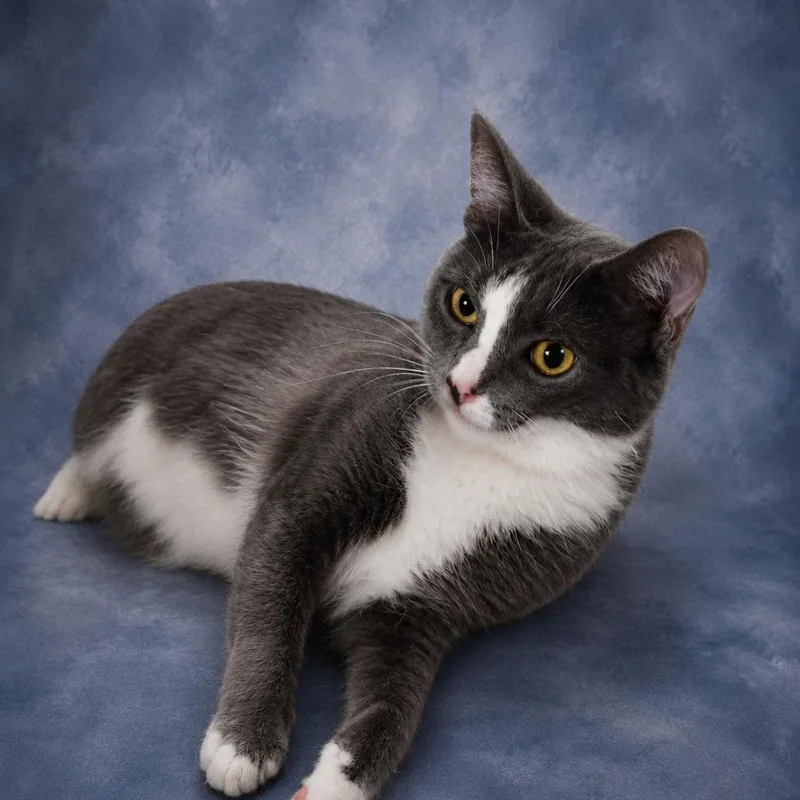 A young small-sized male Gray / Blue / Silver Domestic Short Hair cat named Courage for adoption in Springfield, OH