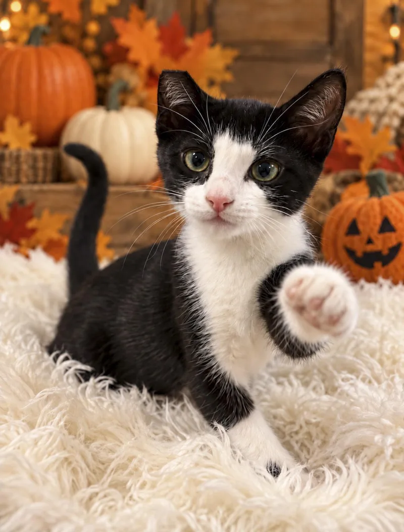 A baby small-sized male Tuxedo cat named PJ & Jelly for adoption in Tehachapi, CA