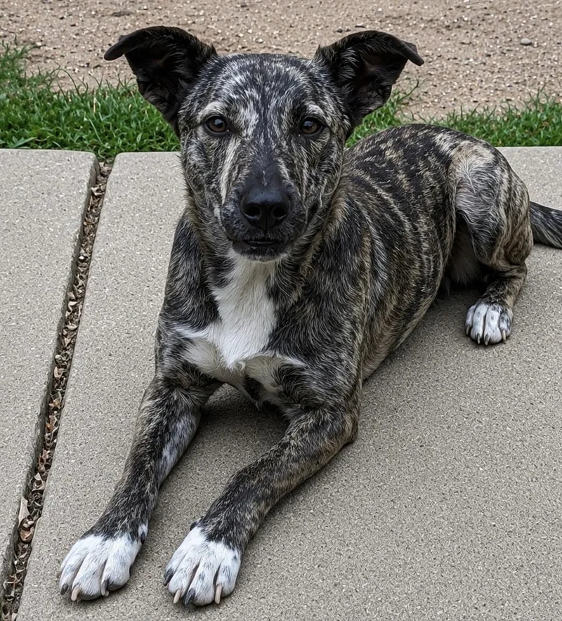 A young medium-sized male Brindle Mixed Breed dog named Buford for adoption in Pelham, NH