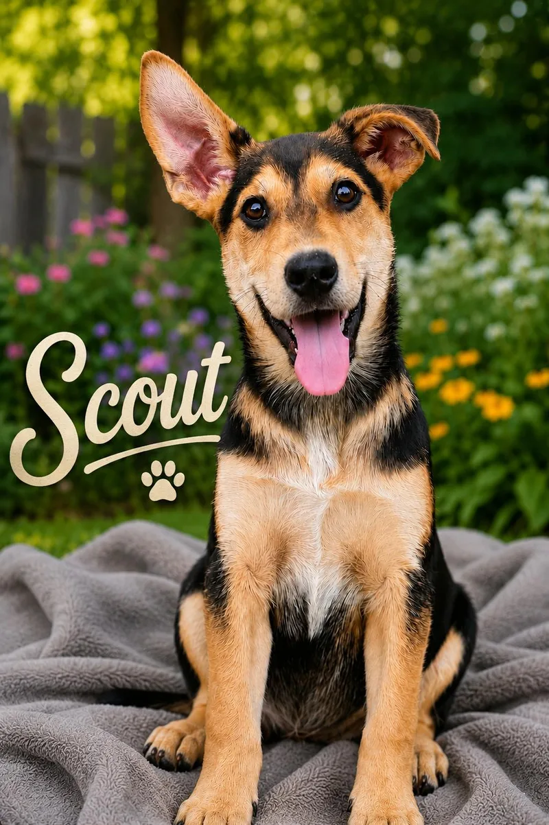 A baby medium-sized male Tricolor (Brown, Black, & White) German Shepherd Dog dog named Scout for adoption in Chickamauga, GA