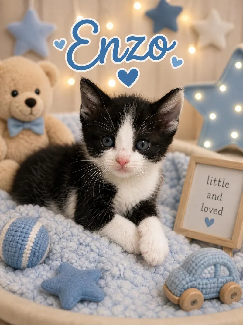 A baby medium-sized male Black & White / Tuxedo Domestic Short Hair cat named Enzo for adoption in Lemoyne, PA