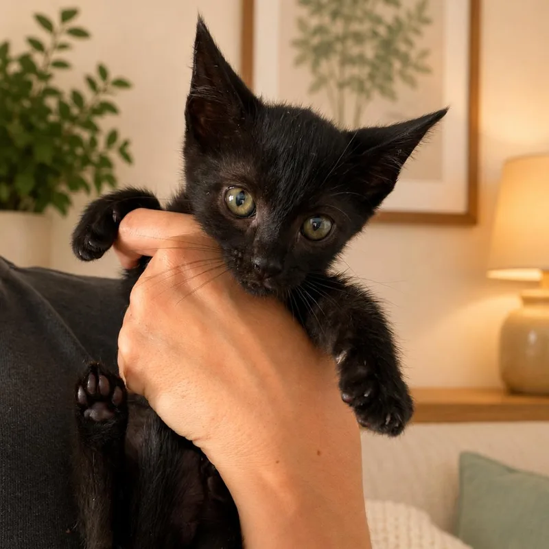 A baby small-sized male Black Domestic Short Hair cat named Jinx for adoption in Tustin, CA