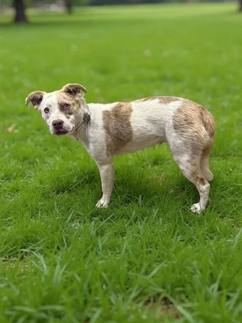 A young medium-sized female Pit Bull Terrier dog named Curly for adoption in Lancaster, CA