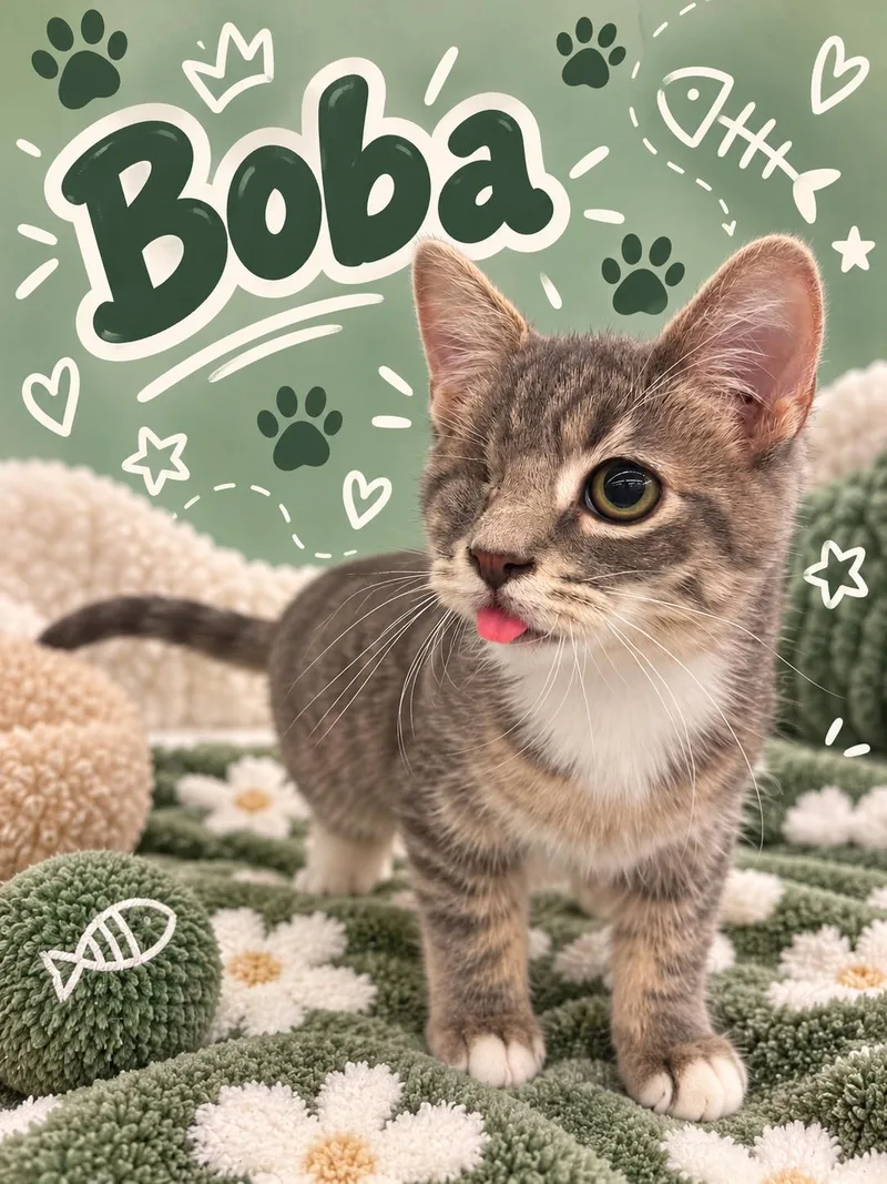 A young small-sized male Tabby cat named BobaKDC for adoption in Greenville, DE