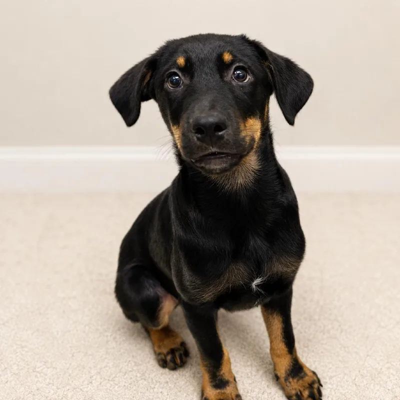 A baby medium-sized female Black and Tan Coonhound dog named Spork for adoption in Hopkinton, MA