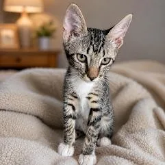 A baby small-sized female Gray / Blue / Silver Domestic Short Hair cat named Panther for adoption in San Antonio, TX