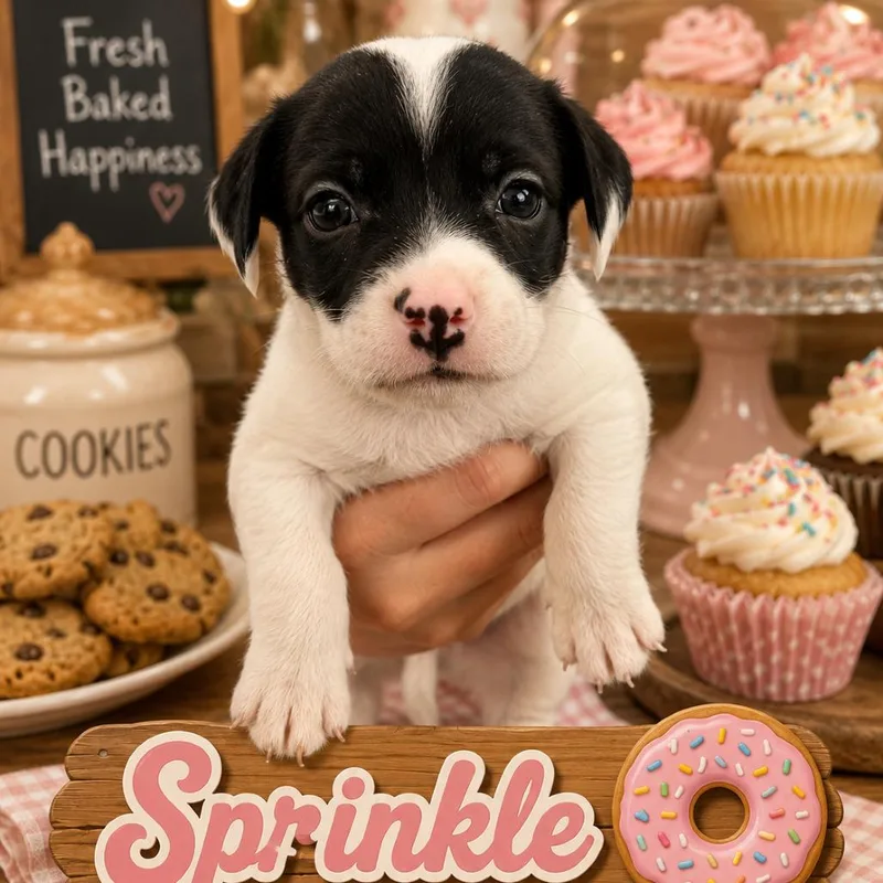 A baby medium-sized female White / Cream Black Labrador Retriever dog named Sprinkle for adoption in Hohenwald, TN