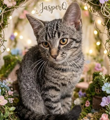 A baby medium-sized male Tabby (Tiger Striped) Tabby cat named JasperQ for adoption in North Highlands, CA