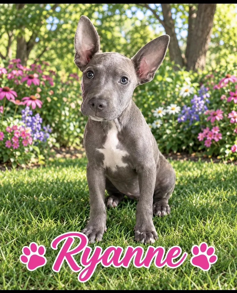 A baby medium-sized female Gray / Blue / Silver Pit Bull Terrier dog named Ryanne for adoption in seaside heights, NJ