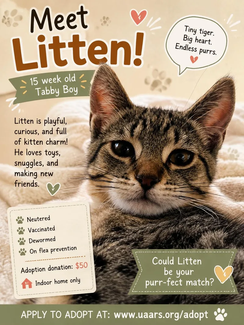 A baby medium-sized male Tabby (Buff / Tan / Fawn) Tabby cat named Litten for adoption in Saginaw, MI