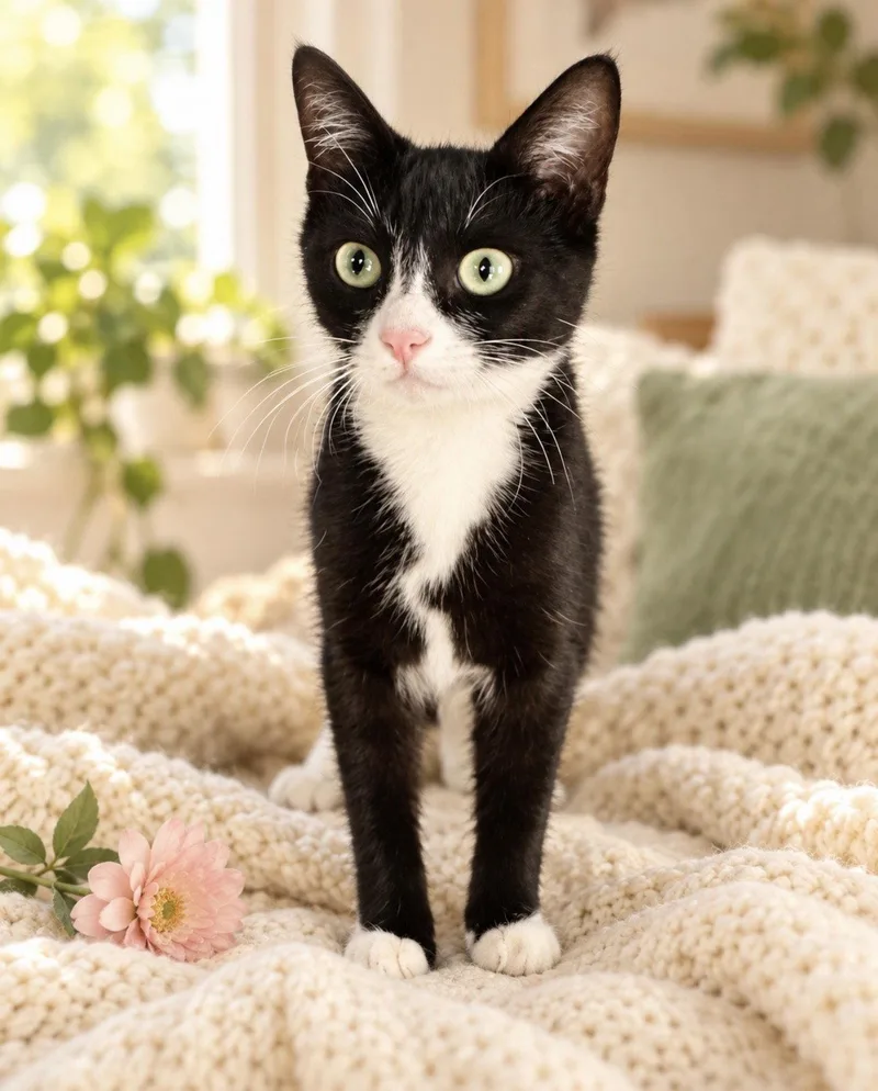 A baby medium-sized female Tuxedo cat named Mitzi cute and for adoption in San Luis Obispo, CA