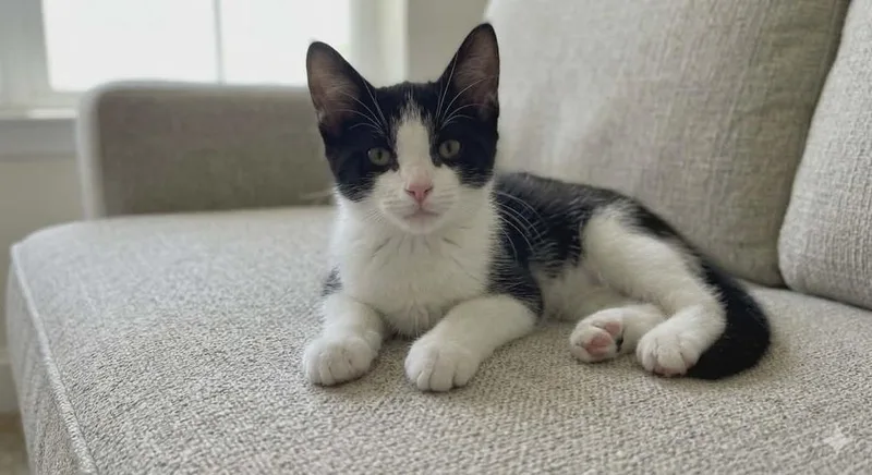 A baby small-sized female Black & White / Tuxedo Domestic Short Hair cat named Satin for adoption in Plymouth, MN