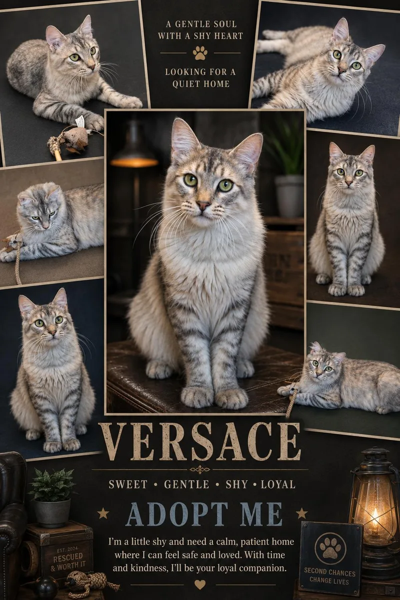 An adult medium-sized male Tabby (Gray / Blue / Silver) Domestic Medium Hair cat named Versace for adoption in Magnolia, TX