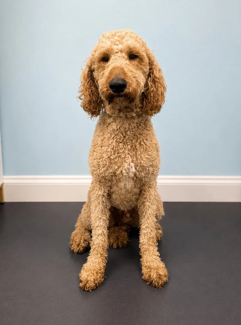 A baby medium-sized male Goldendoodle dog named Tedward for adoption in Covington, LA