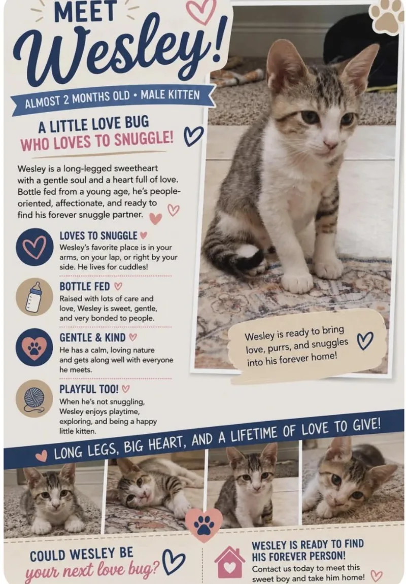 A baby medium-sized male White Domestic Short Hair cat named Wesley for adoption in Shrewsbury, MA