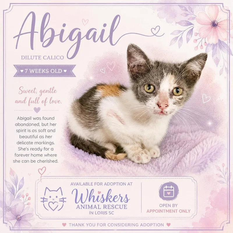 A baby small-sized female Dilute Calico cat named Abigail for adoption in Myrtle Beach, SC