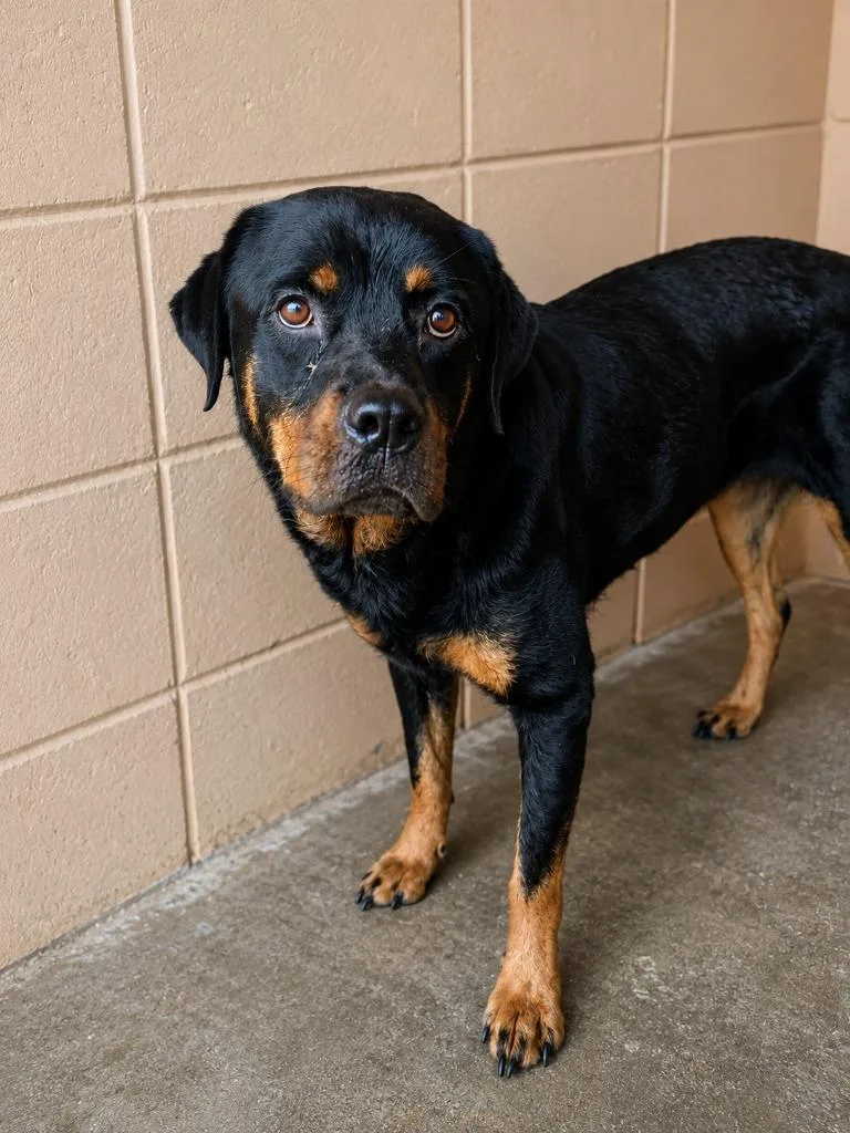 An adult large-sized female Rottweiler dog named Daisy for adoption in Gautier, MS