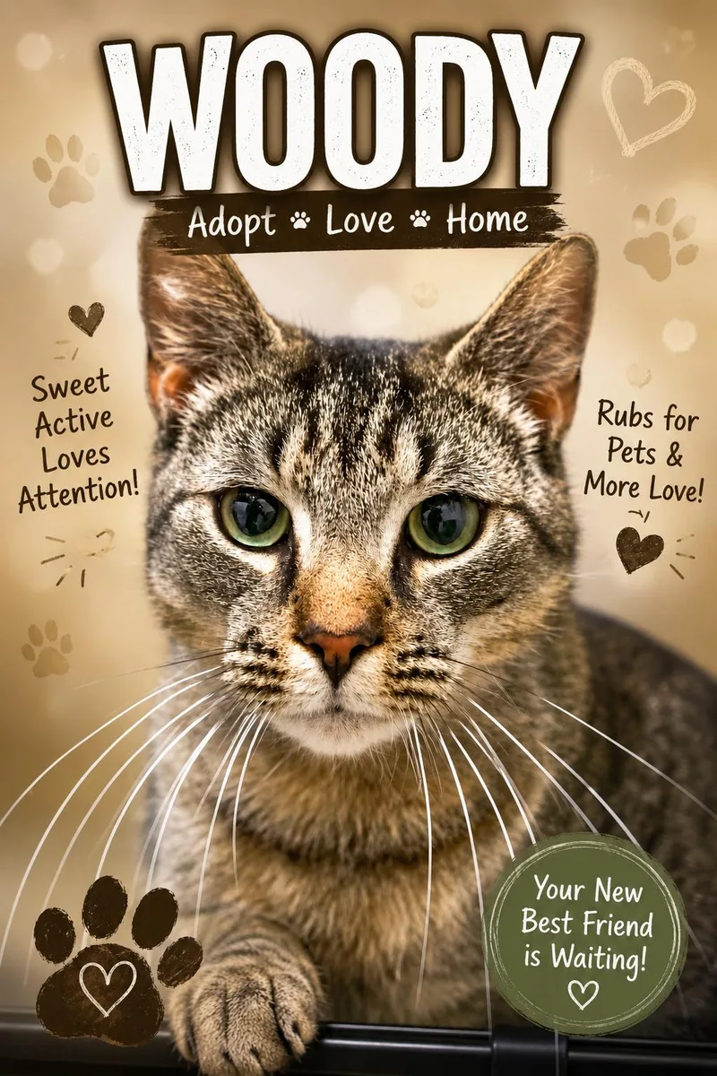 An adult medium-sized male Tabby (Gray / Blue / Silver) Tabby cat named Woody for adoption in Greenville, DE