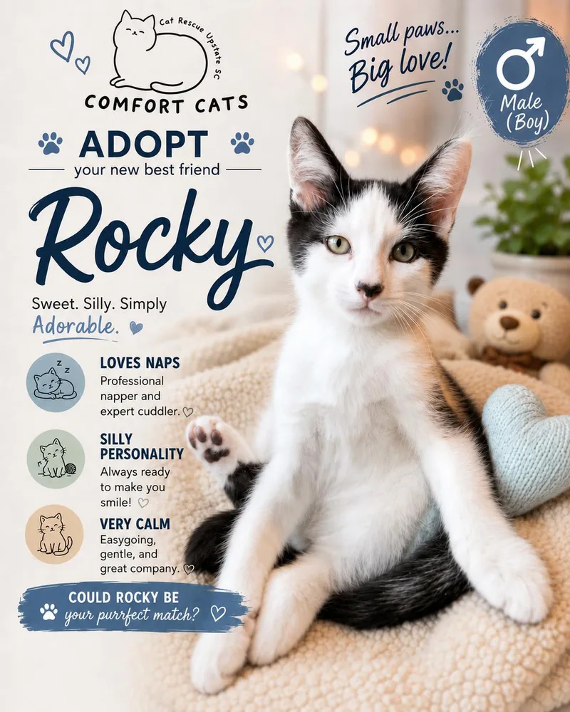 A young small-sized male White Domestic Short Hair cat named Rocky for adoption in Moore, SC