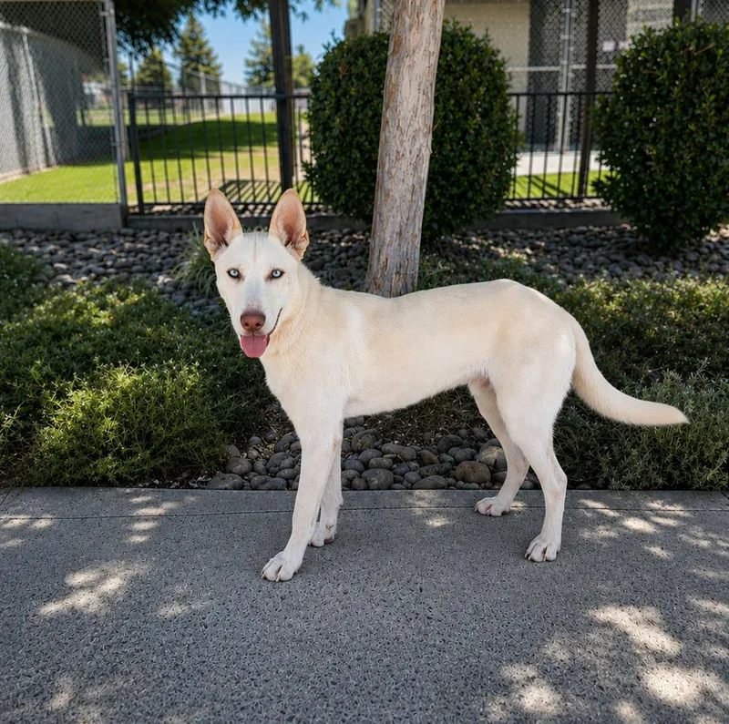 A young medium-sized male White / Cream Shepherd dog named Koda for adoption in Lathrop, CA