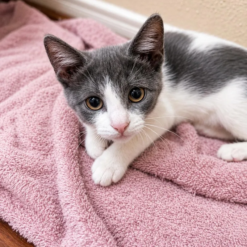 A baby medium-sized female Gray & White Domestic Short Hair cat named Marble for adoption in Houston, TX