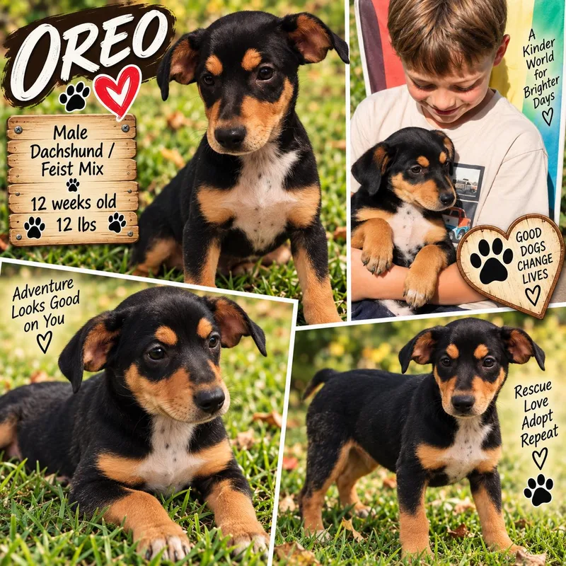 A baby small-sized male Tricolor (Brown, Black, & White) Dachshund dog named Oreo for adoption in Jackson, TN