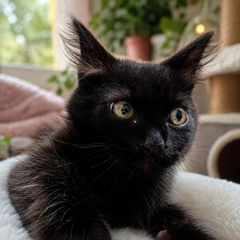 A baby small-sized female Black Domestic Medium Hair cat named Ashira for adoption in Guaynabo, PR