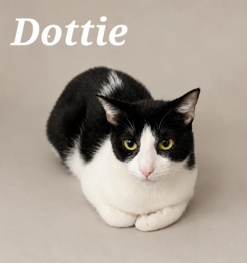 A young medium-sized female Black & White / Tuxedo Tuxedo cat named Dottie for adoption in Monroeville, PA