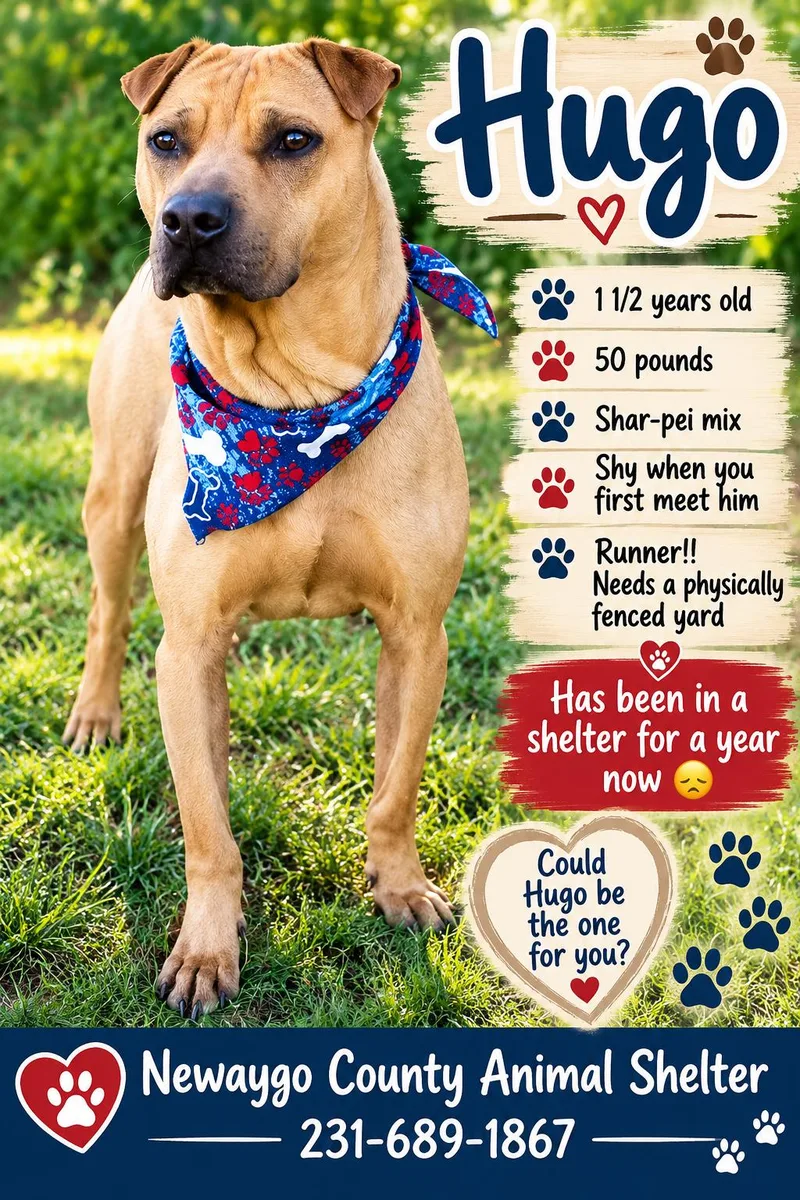 A young medium-sized male Golden Shar-Pei dog named Hugo for adoption in White Cloud, MI