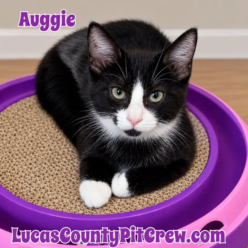 A baby medium-sized male Tuxedo cat named Auggie for adoption in Toledo, OH