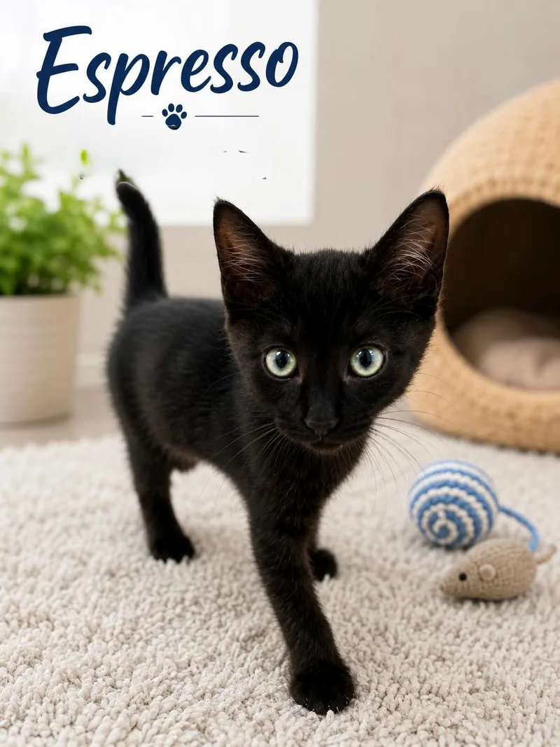 A baby medium-sized male Black Domestic Short Hair cat named Expresso for adoption in Fort Worth, TX
