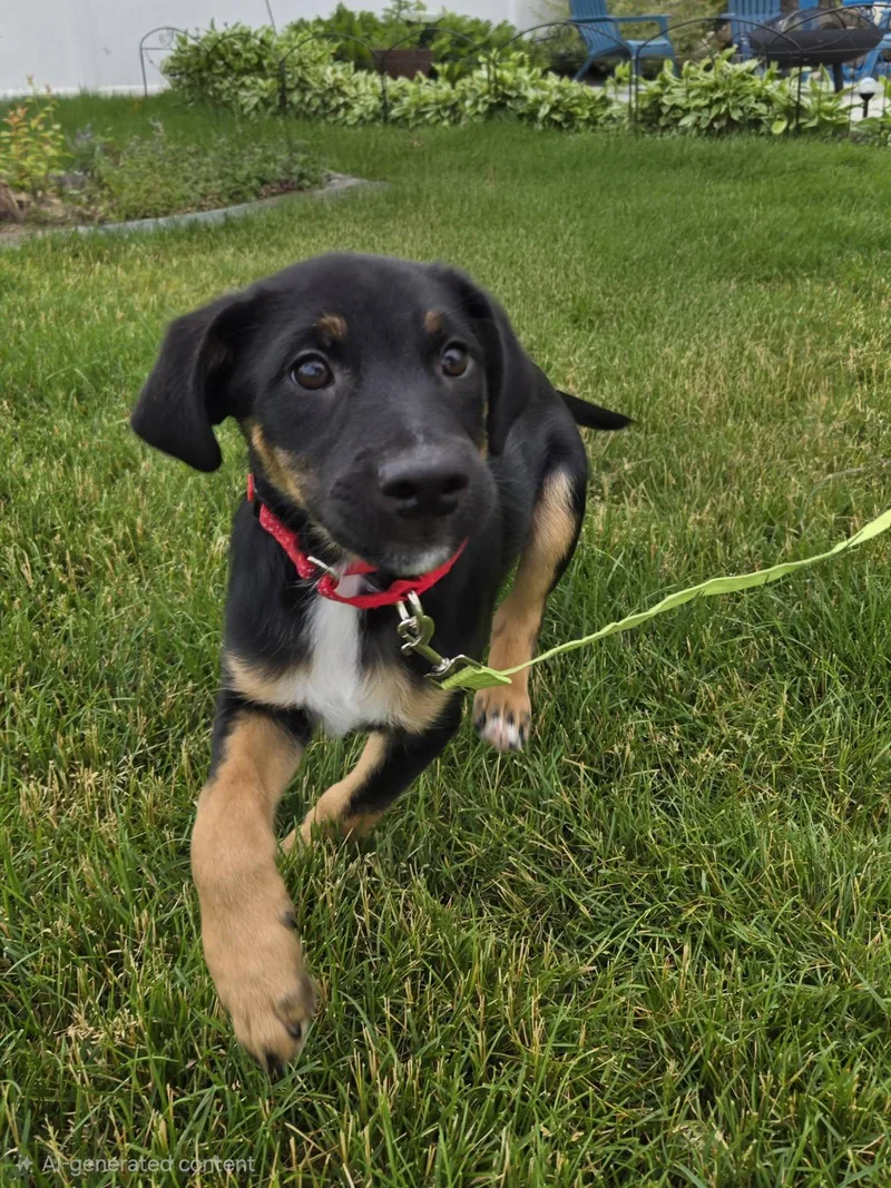 A baby medium-sized male Tricolor (Brown, Black, & White) German Shepherd Dog dog named Dorito for adoption in New London, WI