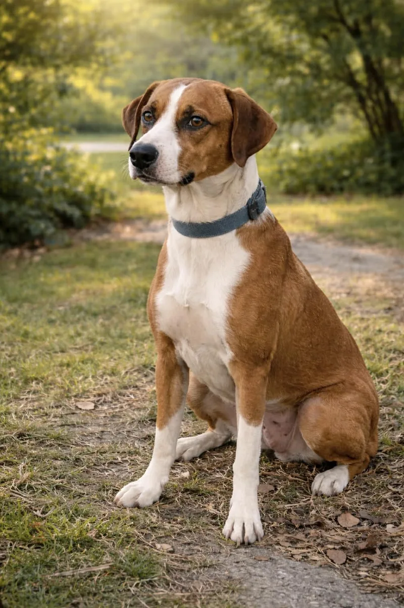 A young medium-sized female Foxhound dog named Scarlett for adoption in Allen, TX