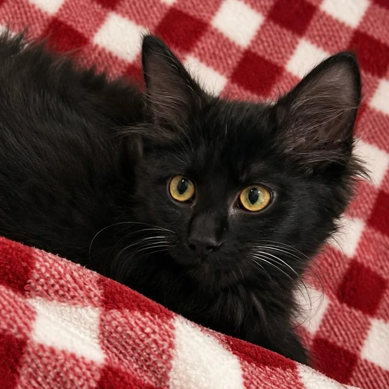 A baby medium-sized male Black Domestic Long Hair cat named Macaroni for adoption in Graham, WA