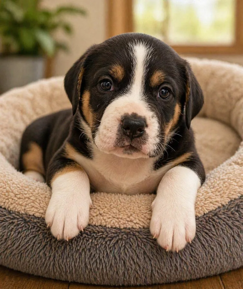 A baby medium-sized female Tricolor (Brown, Black, & White) Hound dog named Ruby for adoption in Cranston, RI