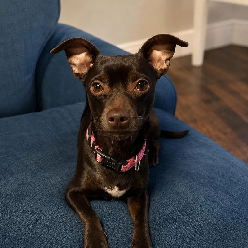 An adult small-sized female Brown / Chocolate Miniature Pinscher dog named Molly for adoption in Humble, TX