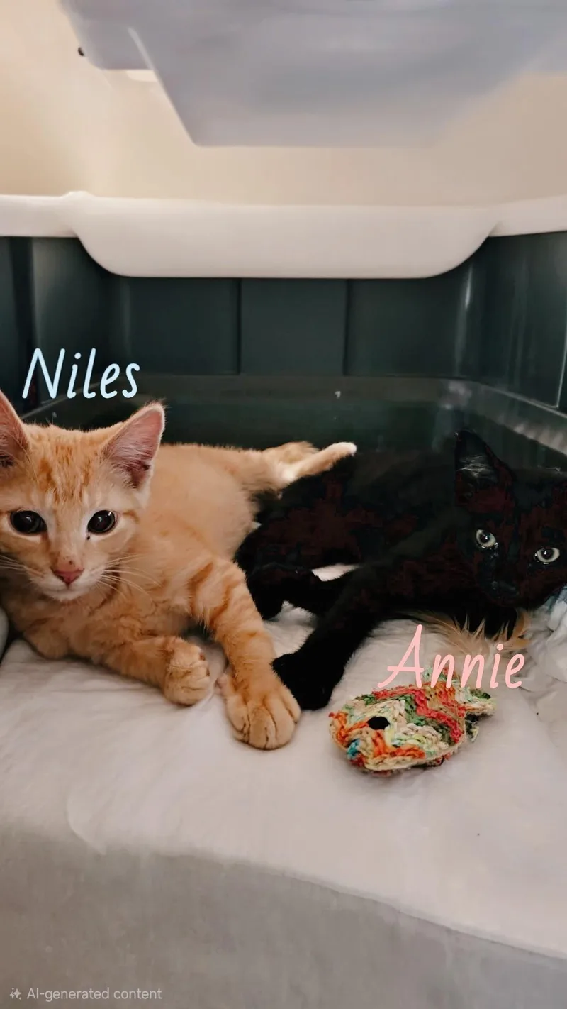 A baby small-sized male Black Domestic Short Hair cat named Niles And Annie for adoption in Pardeeville, WI