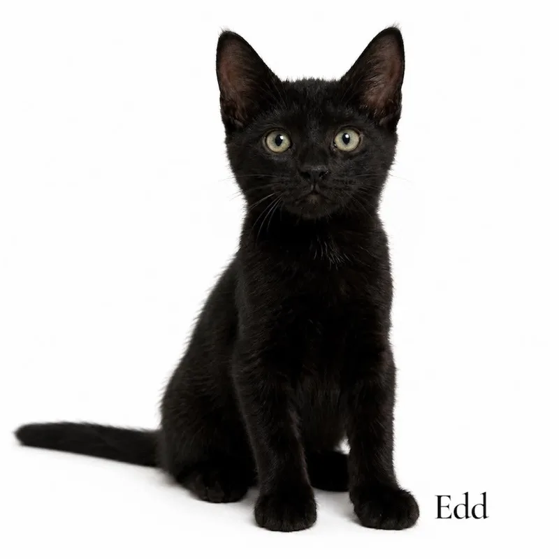 A baby medium-sized male Black Domestic Short Hair cat named Edd for adoption in Stevensville, MI